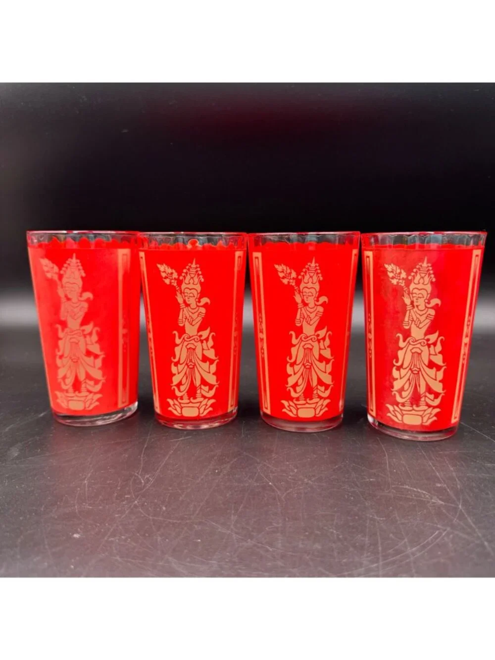 Culver Thai Goddess Highball Glasses Red Set Of 4 Vintage Art Deco Barware